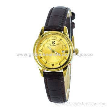 Gold Face/Case Leather Women's Analog Quartz Wristwatch with CE/RoHS Mark, Japan movement
